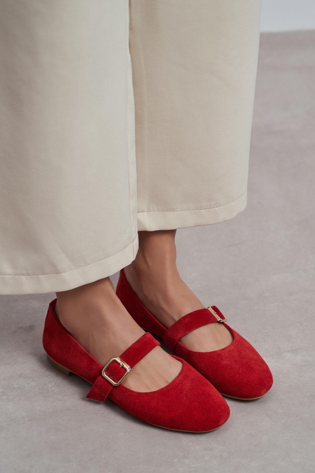Berlin Red Suede Inner-Outer Leather Medium Strap Buckle Flat Women's Ballerina Shoes