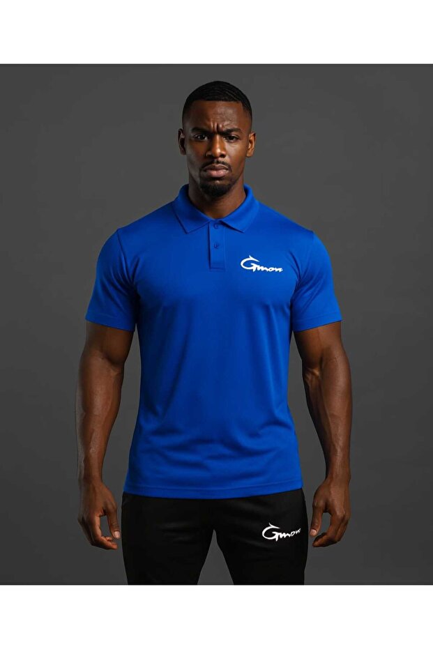 Sax Blue Polo Collar Groove Printed Pique Fabric T-Shirt