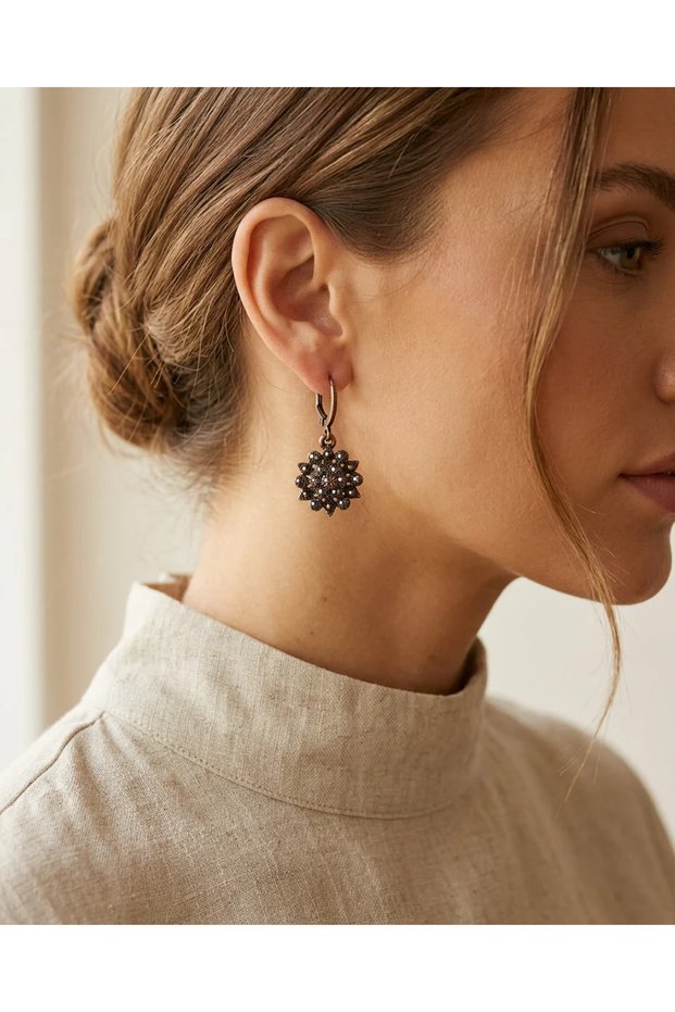 Bronze Vintage Women's Earrings Authentic Jewelry Margazite Stone Embellished Flower Model