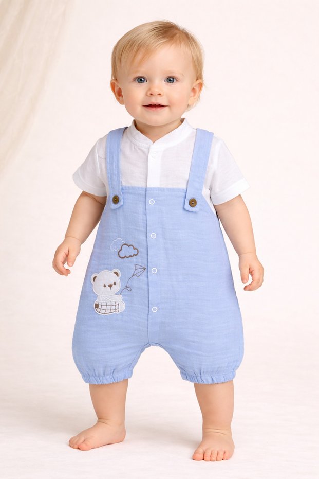 Baby Boy Linen Overalls with Straps and Teddy Bear Embroidery, Summer Cotton Stylish and Comfortable Baby Overalls