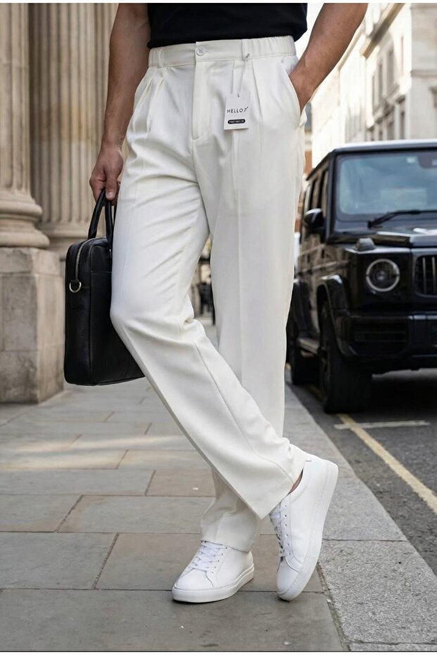Men's White Baggy Fit Relaxed Fit Pleated Fabric Trousers