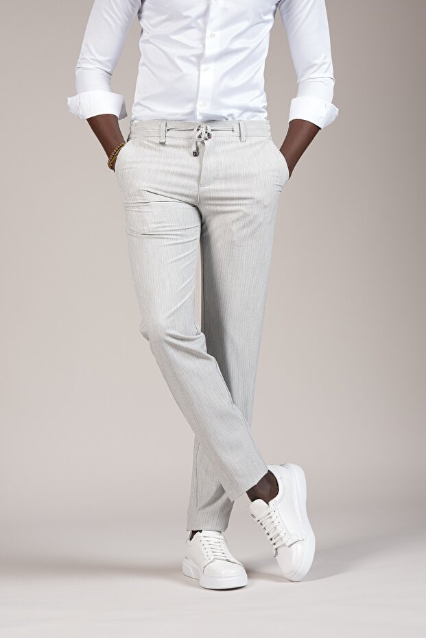 Slimfit Thin Striped Summer Jogger Pants with Threaded Waistband and Elastic Lycra