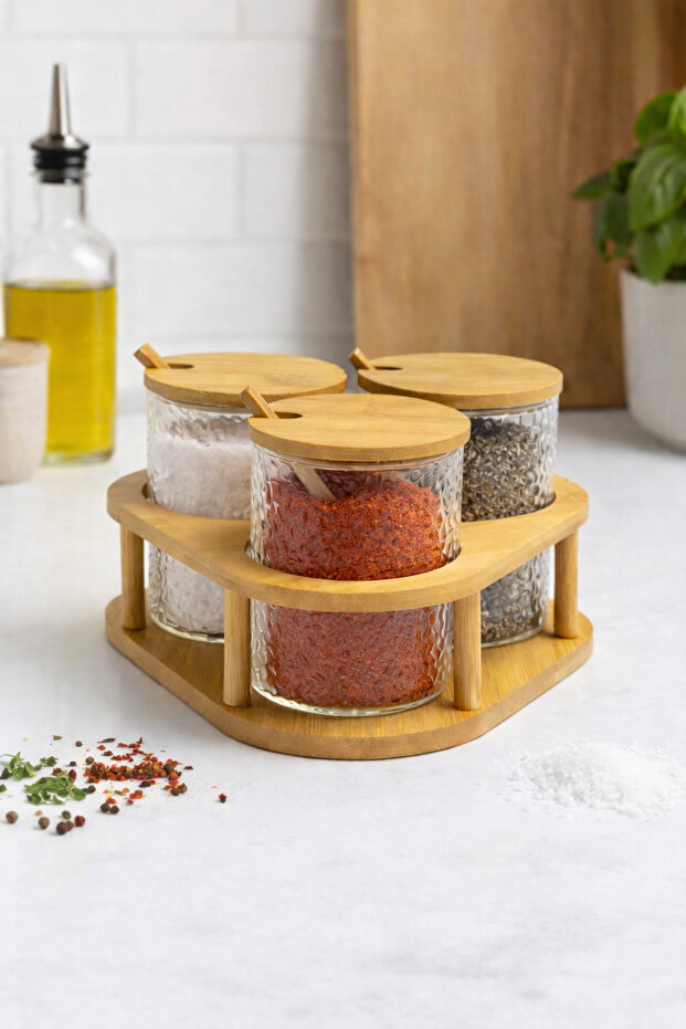 3-Piece Glass Spice Jar Set with Spoon and Bamboo Stand, Glass Spice Jar 8X8 cm