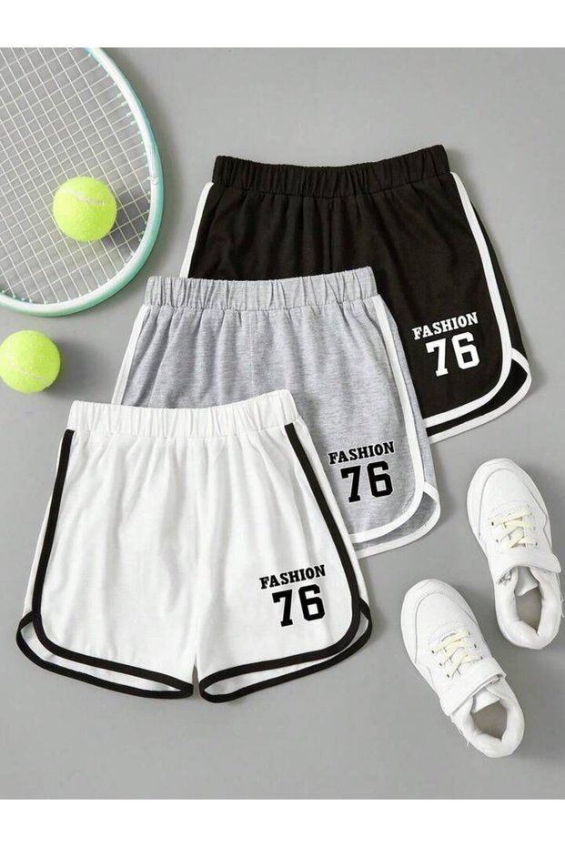 Girl's 3-Pack Ribbed Fashion 76 Printed Black-White-Grey Shorts