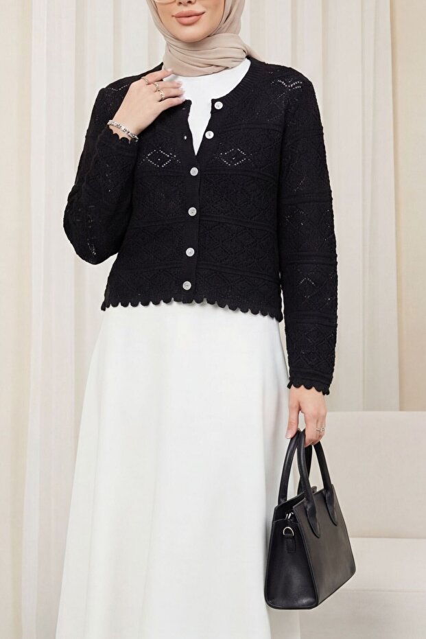 Buttoned Patterned Openwork Knitwear Cardigan - Black