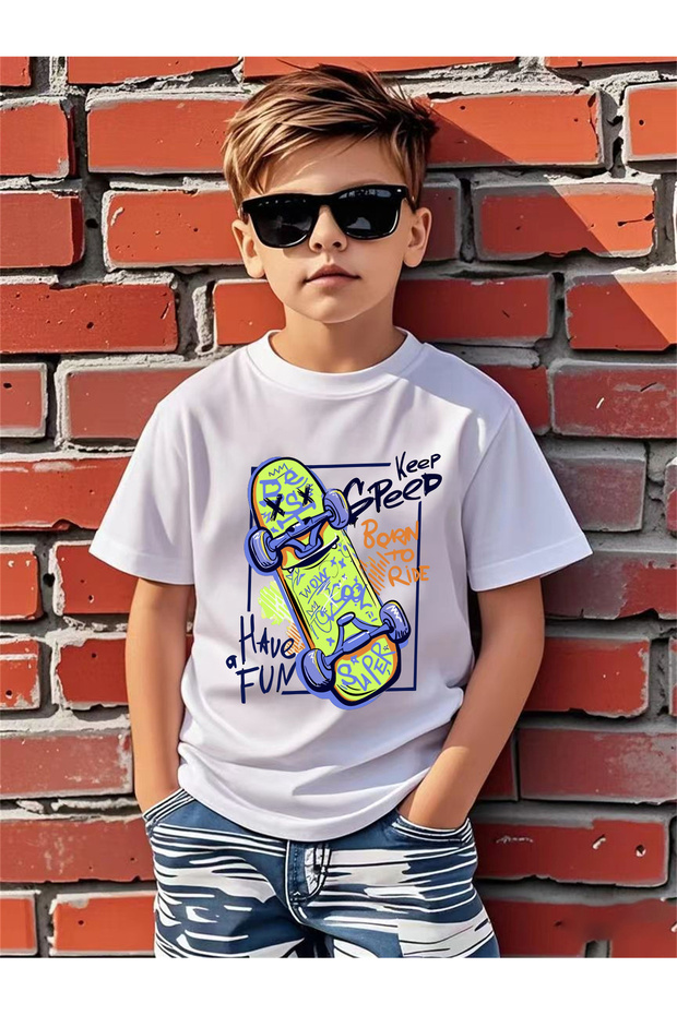 Skateboard Printed 100% Cotton Premium Tshirt with Crew Neck for Kids