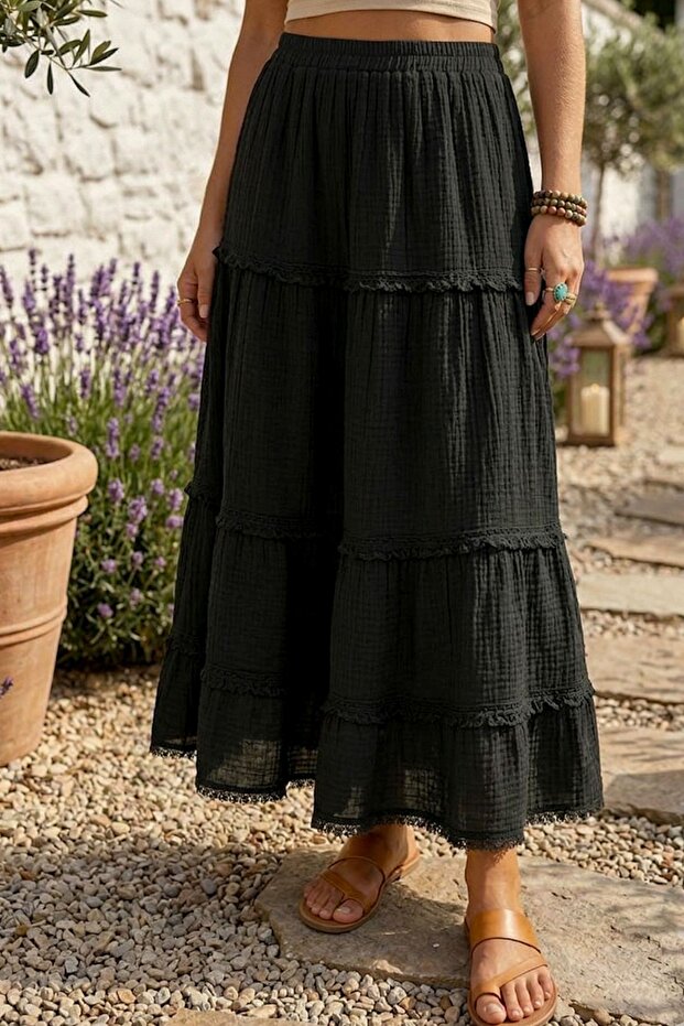 Black Washed Ruffled Elastic Waist Casual Muslin Long Woven Skirt 98 60