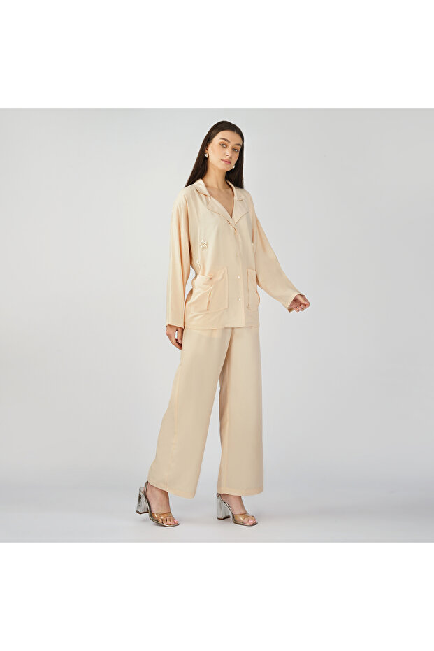 Soft Beige Floral Shell Embroidered Co-Ord Set