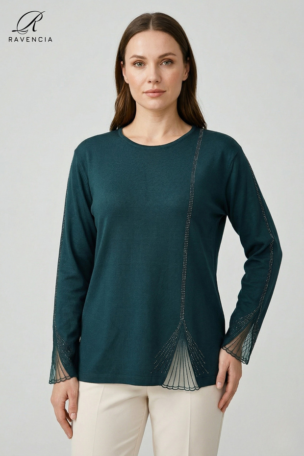 Women's Emerald Vertical Line Patterned Lace Embroidered Stoned Slit Lycra Mother Combed Cotton Blouse