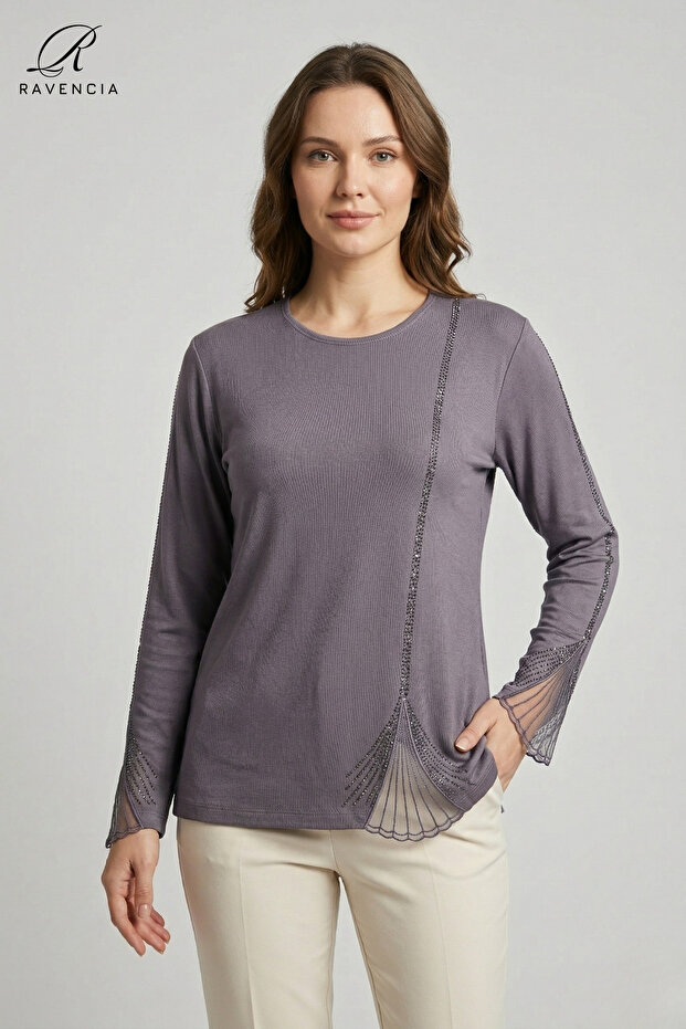 Women's Gray Vertical Line Patterned Lace Embroidered Stoned Slit Lycra Mother Combed Cotton Blouse