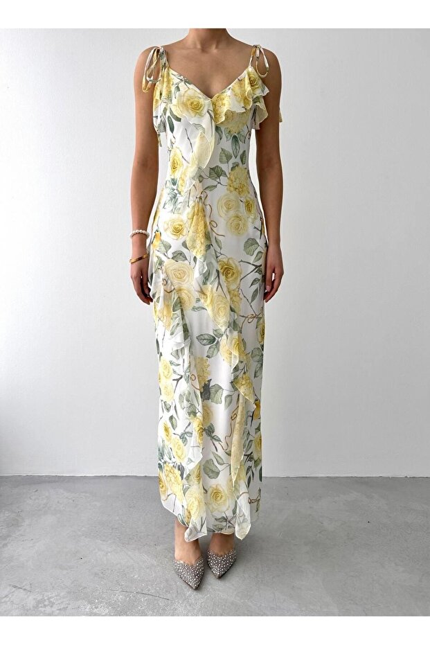 Ruffle Detailed, Rope Strap, Lined, Maxi Length, Premium Chiffon Dress