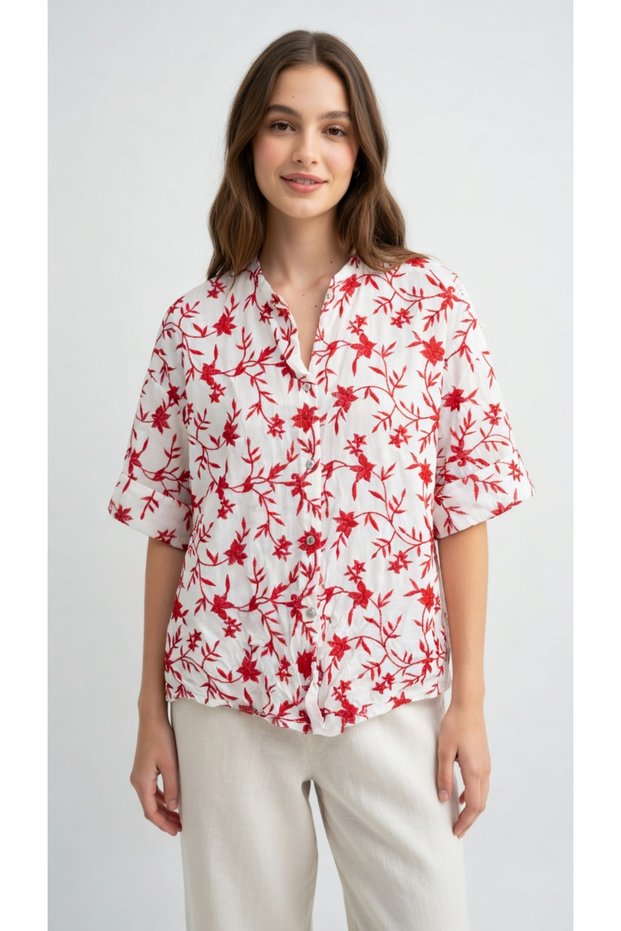 Women's Süzene Worked Italian Judge Collar Three Quarter Sleeve 100% Cotton Shirt