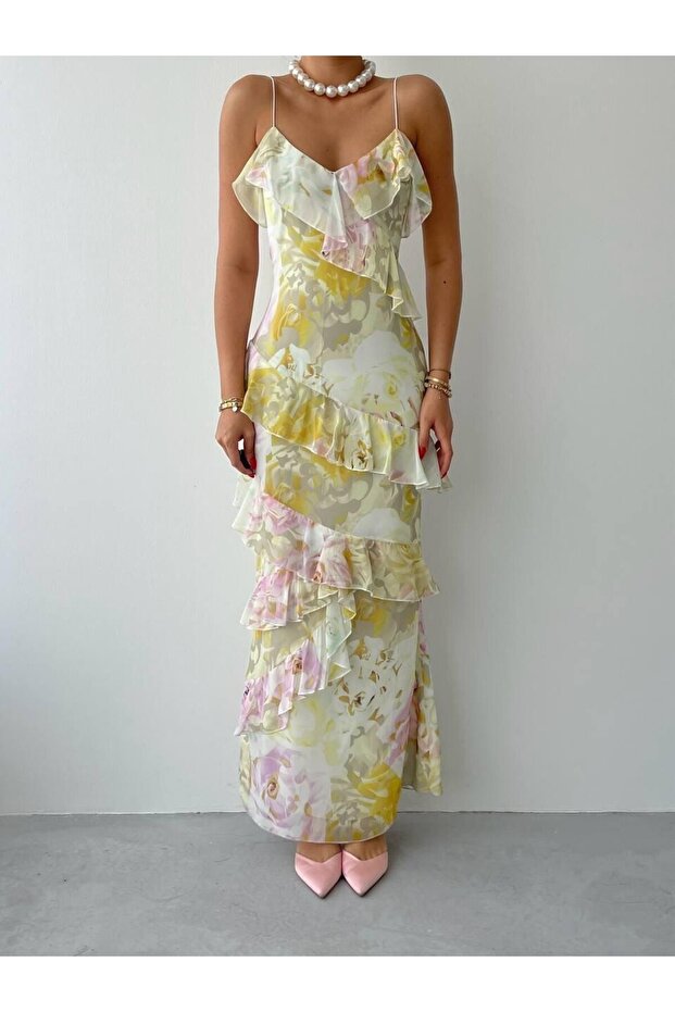 Ruffle Detailed, Rope Strap, Lined, Maxi Length, Premium Chiffon Dress