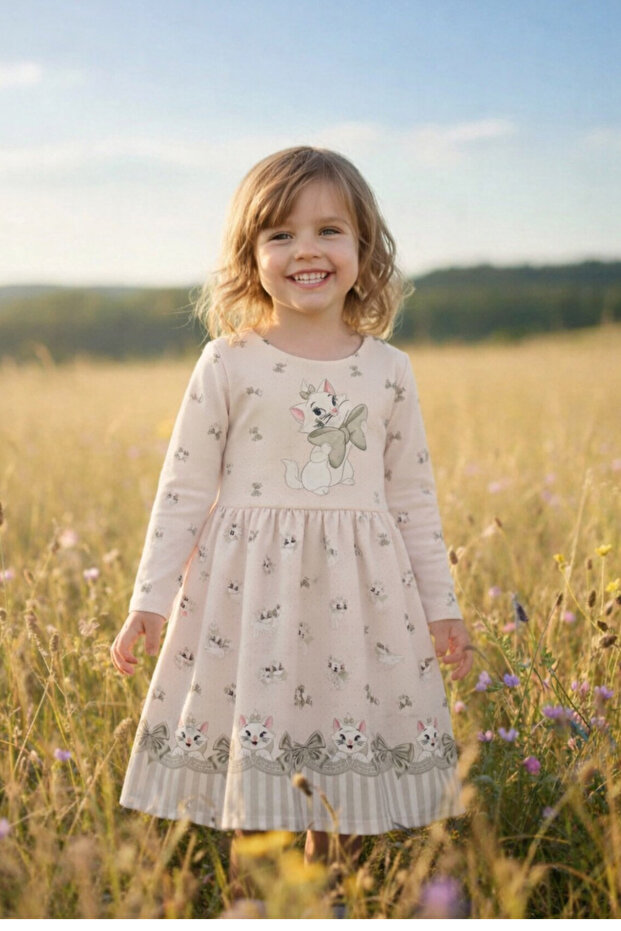 Girls' Long Sleeve Cat Patterned Bow Dress