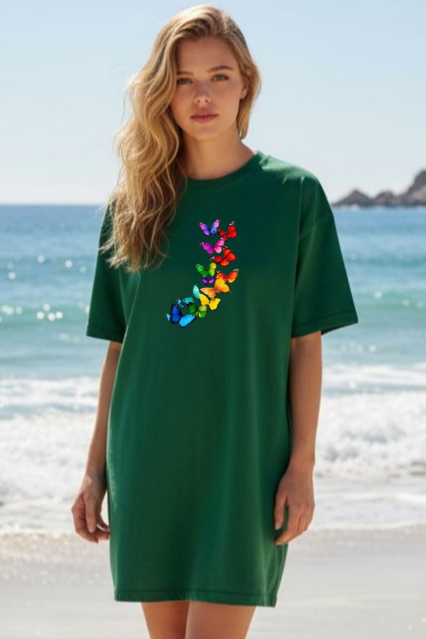 Elbisee Women's Red Oversize T-Shirt Dress – Colorful Flying Butterflies Printed