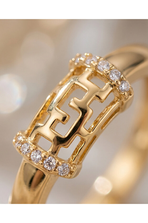 Zircon Stone Detailed Geometric Patterned Gold Tone Ring