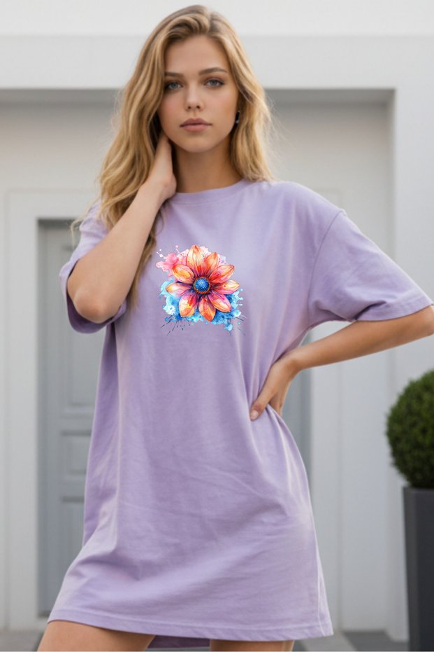 Elbisee Women's Red Oversize T-Shirt Dress – Colorful Floral Print