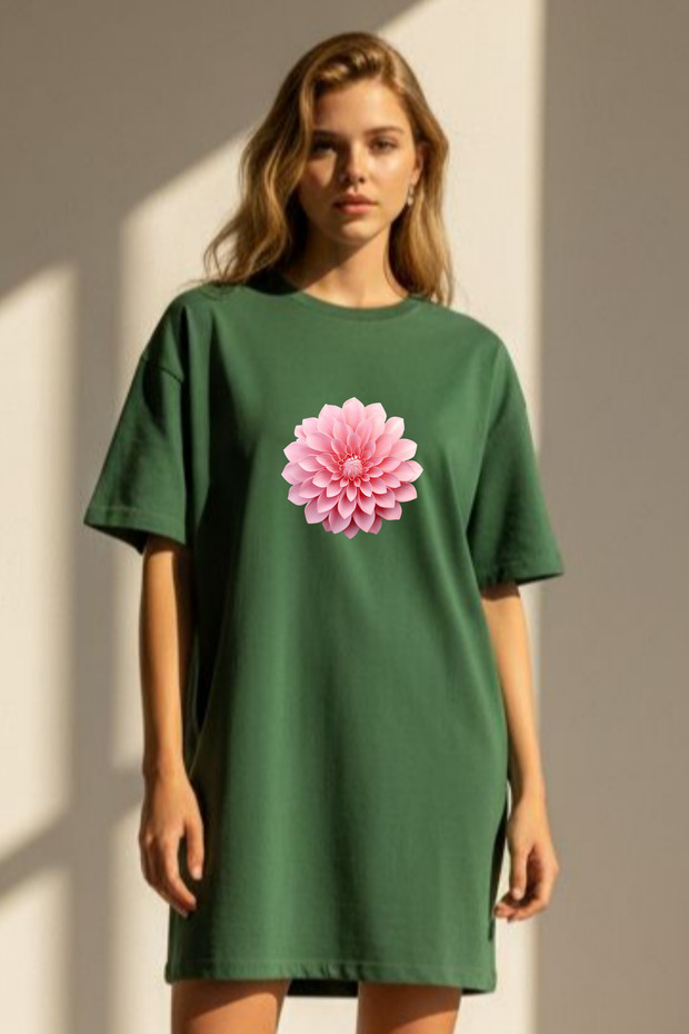 Elbisee Women's Red Oversize T-Shirt Dress – Pink Floral Print