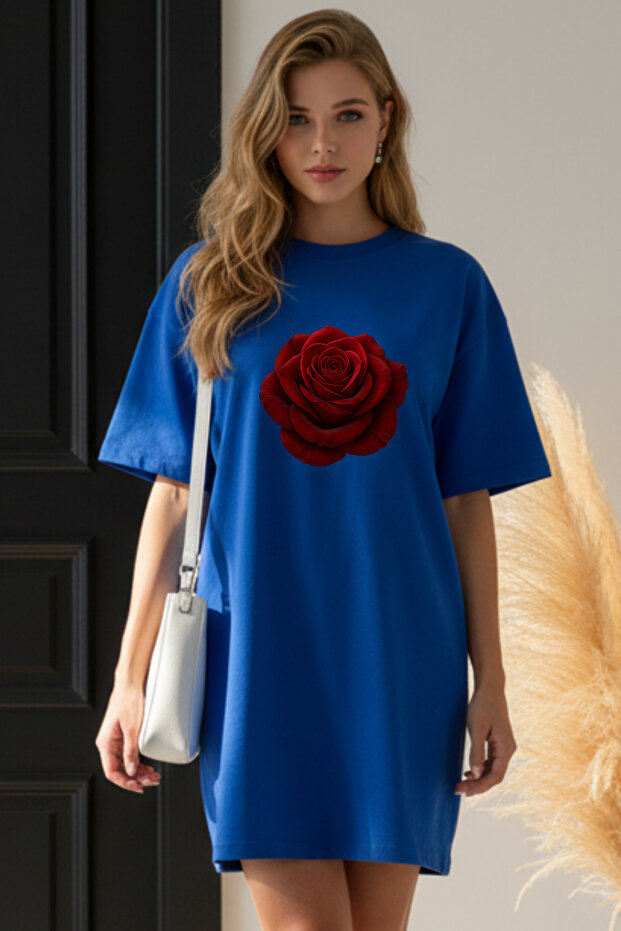 Elbisee Women's Red Oversize T-Shirt Dress – Red Rose Print (Rose Design)