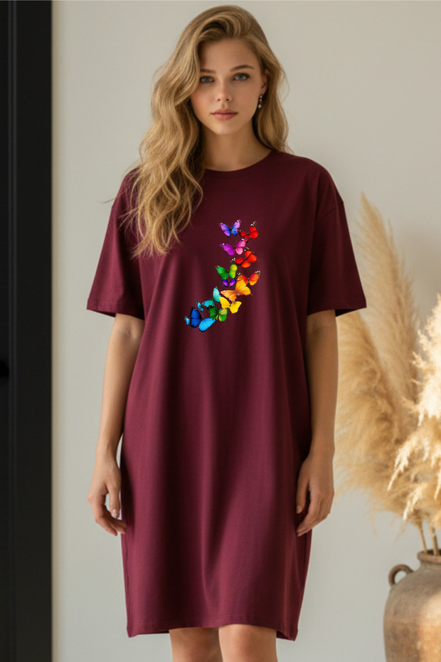 Elbisee Women's Red Oversize T-Shirt Dress – Colorful Flying Butterflies Printed