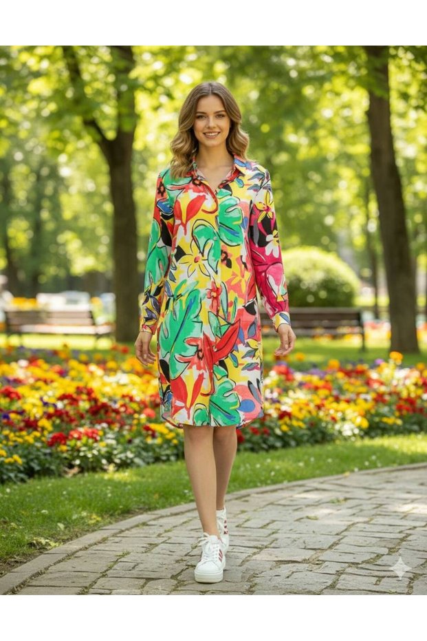 Tropical Floral Print, Multi-Colored Cotton Shirt Dress - Spring & Summer Collection