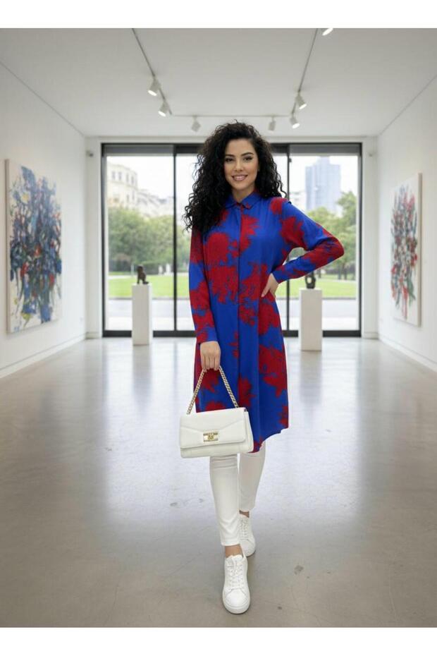 Blue Red Leaf Patterned Women's Tunic Shirt Dress