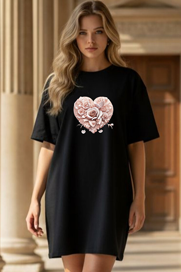 Elbisee Women's Red Oversize T-Shirt Dress – Heart Rose Pattern