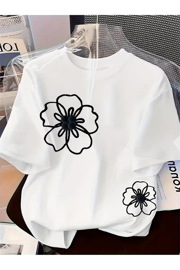 Fashionable New Women's Round Neck Design, Trendy Individual Artistic Line Flower Pattern