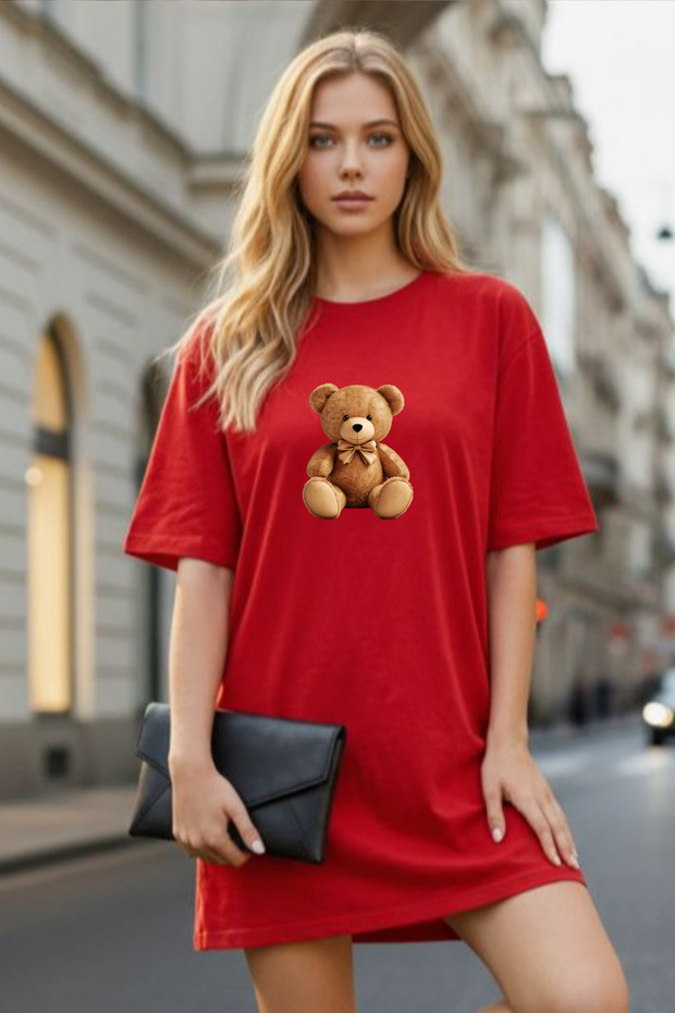 Elbisee Women's Red Oversize T-Shirt Dress – Cute Teddy Bear Print