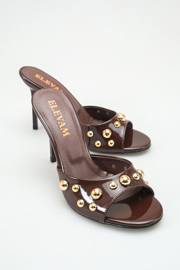 Women's Patent Leather Gold Stone Heeled Summer Slippers
