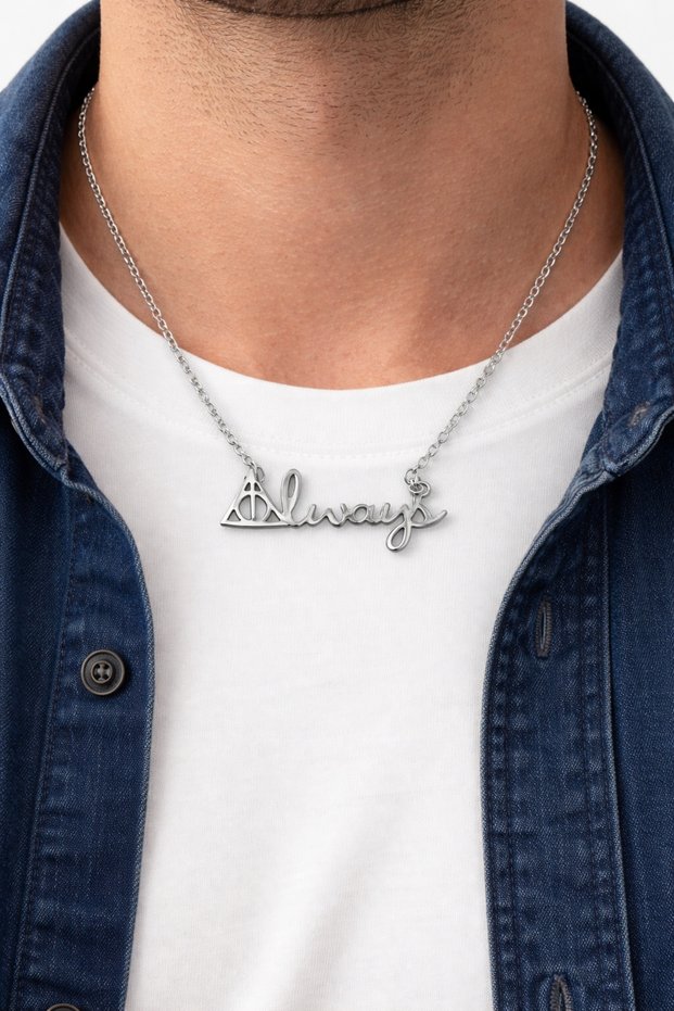 Unisex Silver Color Deathly Hallows Metal Necklace with Lettering and Figure 60 cm