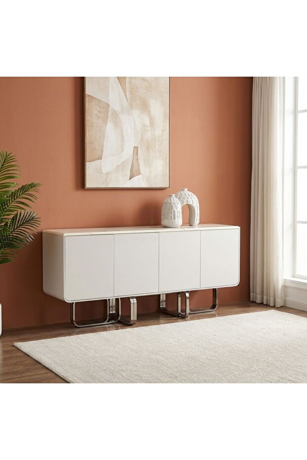 4 Doors Buffet Cabinet - White Grey / Gunmetal