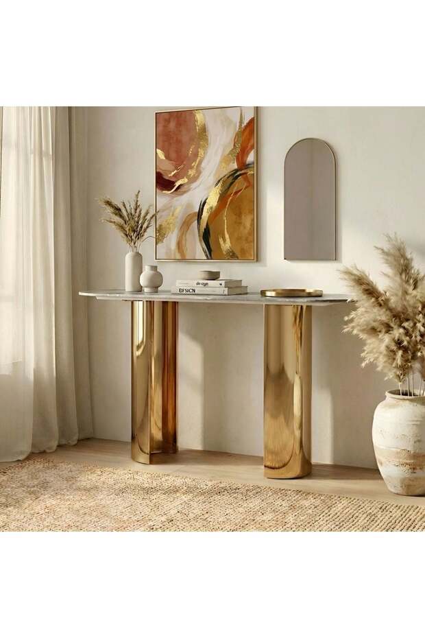 Sintered Stone Console Table- Green/Gold - 3