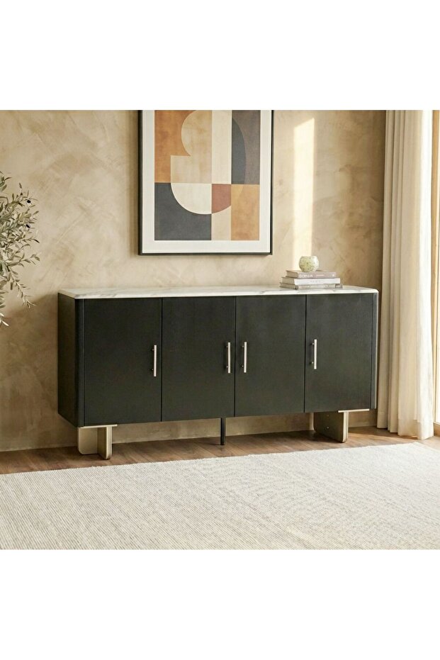 Marble Top Buffet Cabinet With 4 drawers - Grey/Black