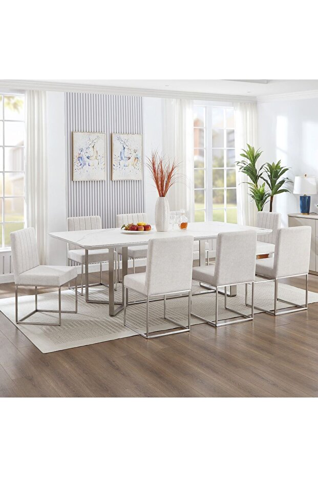 Monarch 1 + 8 Dining Set - White / Beige / Brushed Silver