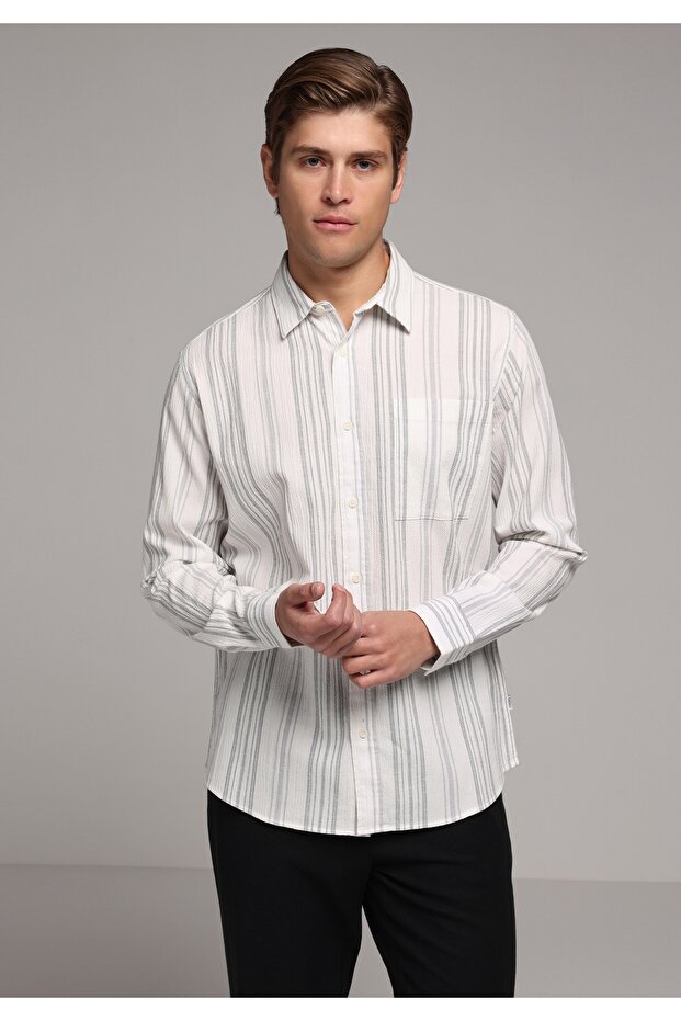 Regular Fit Shirt Neck Striped Men's Anthracite Long Sleeve Shirt