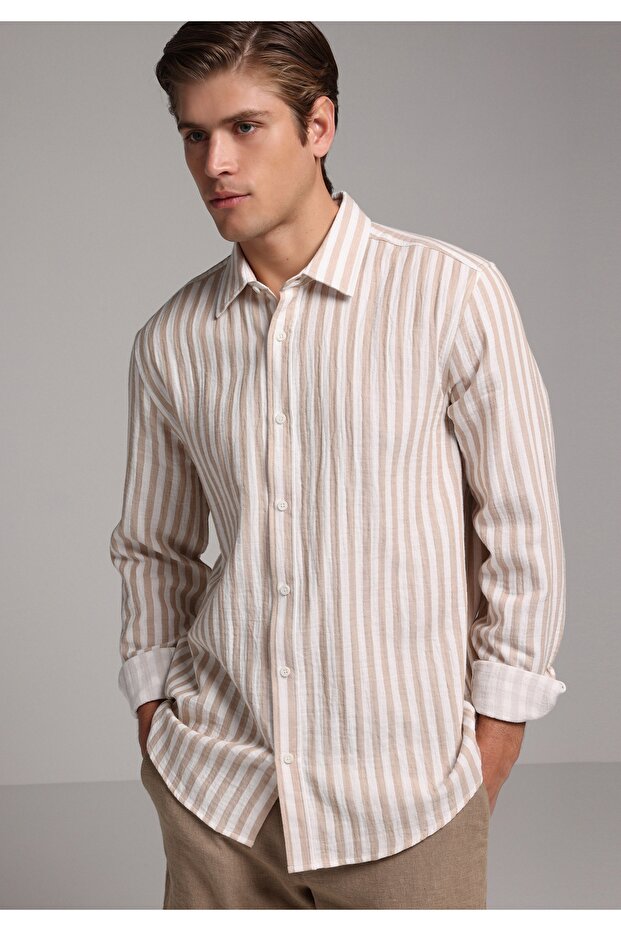 Relaxed Fit Shirt Neck Striped Men's Beige Long Sleeve Shirt