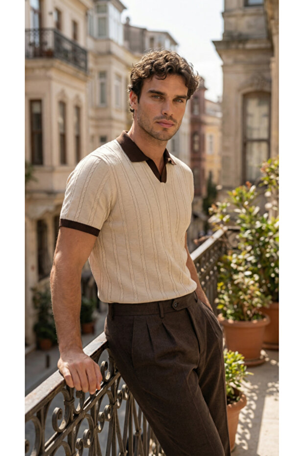 Men's Knitted Pattern Collared Short Sleeve Knitwear T-Shirt - 100% Cotton Acrylic