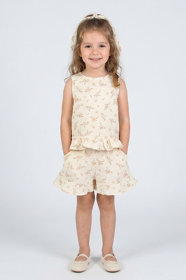 Girl's Floral Patterned Muslin Shorts Set