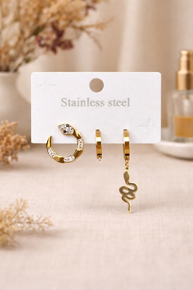 Snake Figured Women's Earring Set Gold Color Stainless Steel Stone Dangle Earrings