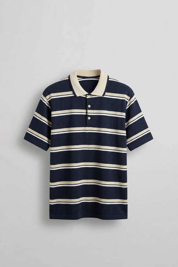 Men's Regular Fit Striped Knitwear Polo Neck T-Shirt Navy Blue