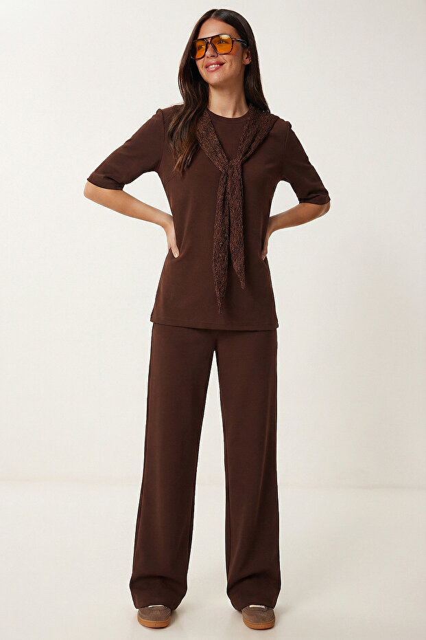 Scarf Detailed Lace Modal Top and Bottom Set Lby0054 Brown