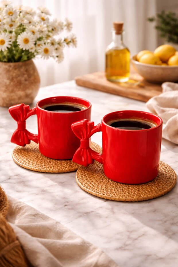 2 Pieces Bow Handle Design Red Ceramic Mug Handmade Aesthetic Coffee Cup - 300 ml
