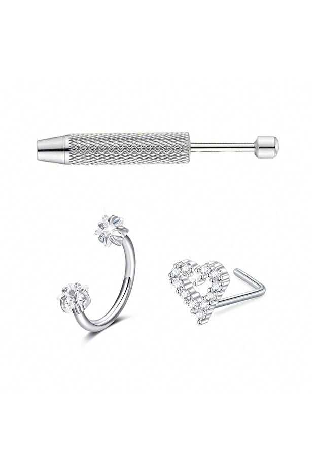 C Skeleton 18G 1.0x8mm حلقات وأقراط الأنف 3 قطع/مجموعة، حلقات أنف على شكل قلب وحصيرة حصان، فضي