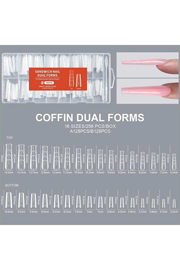 A 256Pieces Nail Sandwich Dual Form Nail Tips Quickly Building Gel Form Nail System Full Cover Tips.