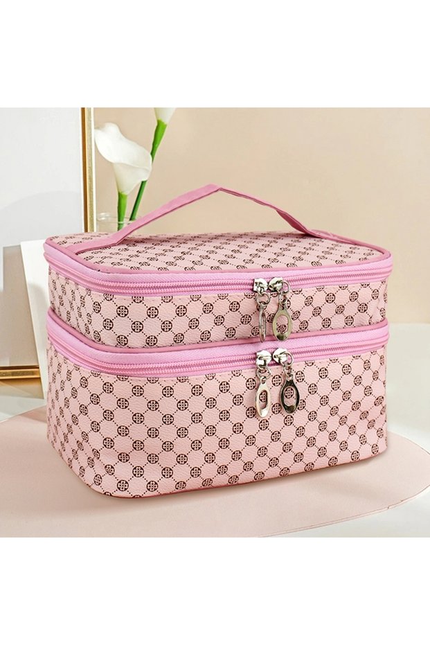 Pink Large Capacity Makeup Bag Double Zip Women Cosmetic Bag Bathing Pouch Travel Toiletries Organiz