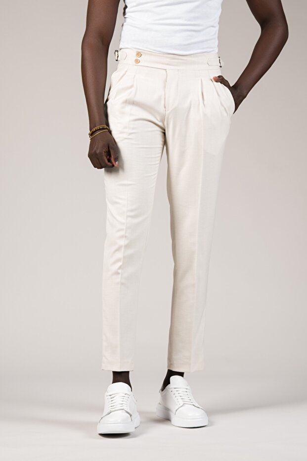 Slimfit Double Pleated Belt Buckle Summer Fabric Trousers