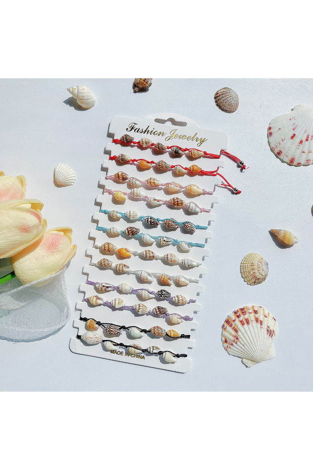 Conch 12 Piece Set Of Multi Conch and Multi-Color Woven Bracelets Fashionable Summer Surfing Hand Ro