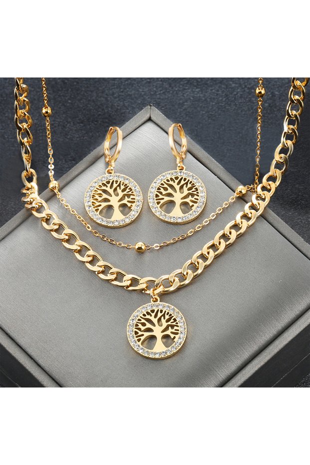 NE24-1 316L Stainless Steel Jewelry Set Rhinestone Tree of Life Pendant Necklace Hoop Earrings For W