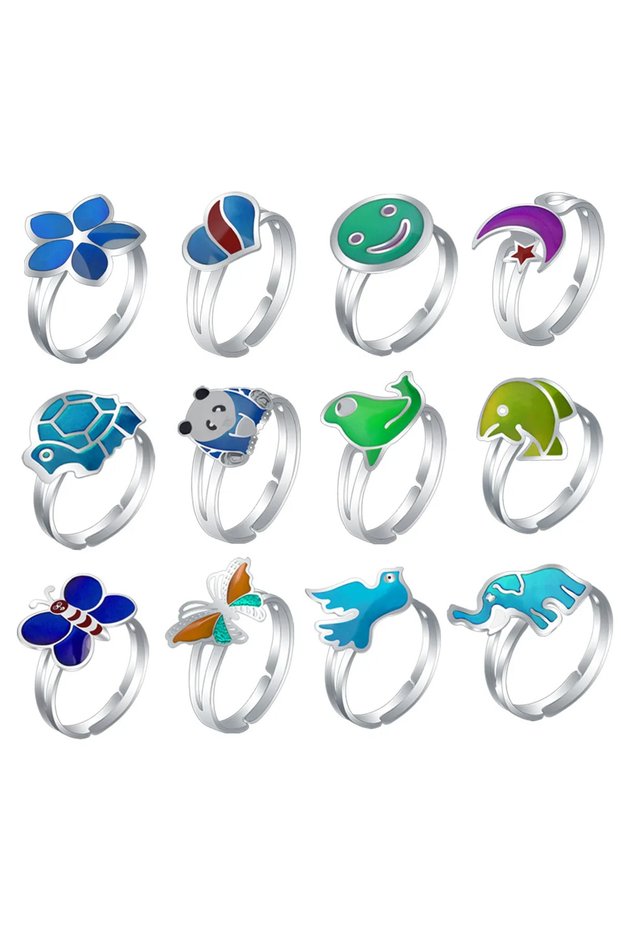resizable 12 rings in a box Mood Rings Fashion Children Cute Cartoon Animal Pattern Sense Temperatur